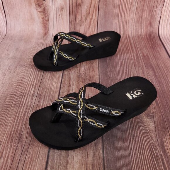 Teva Womens Size 6 Mush Mandalyn Ola 2 Black Gold Silver Wedge Sandals - Picture 1 of 14